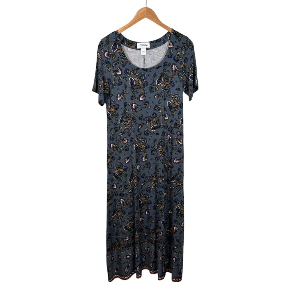 The Vermont Country Store Maxi Dress Boho Lagenlook Gray Paisley Size Small Soft